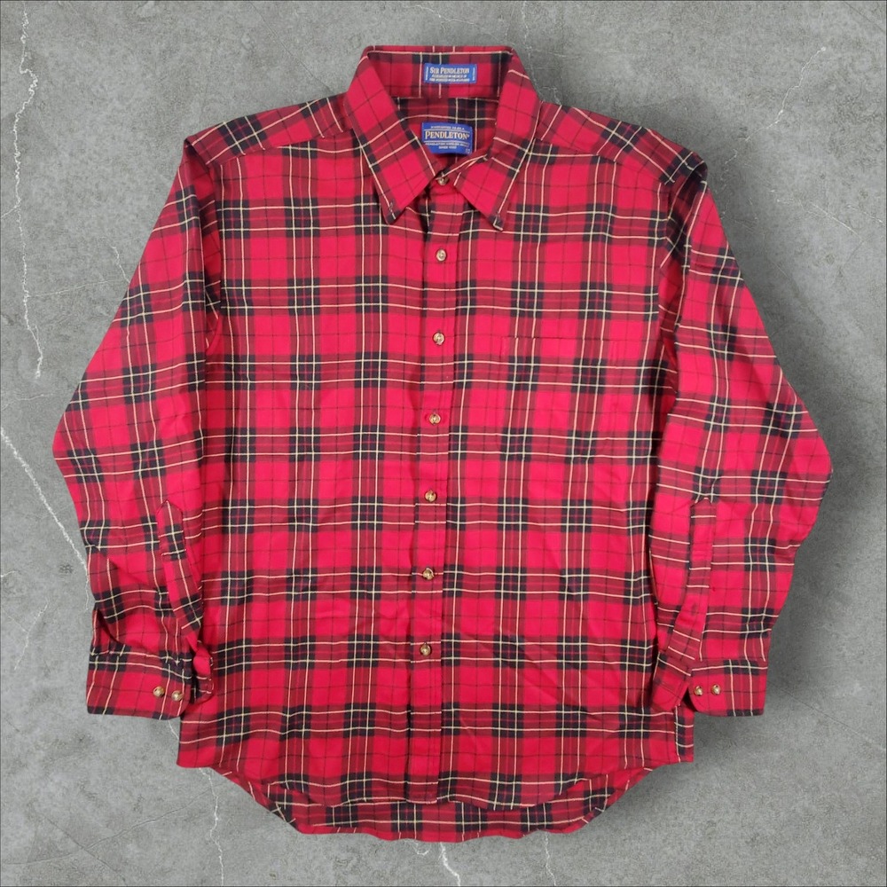 Pendleton Button Down Shirt Mens Large Red Plaid Sir Worsted Wool Long Sleeve